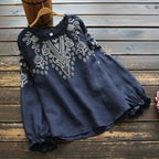 M-3XL 綿麻 ウンドネック 刺繍 ノーマルスリーブ 長袖 フェミニン シャツ 3XL ネイビー