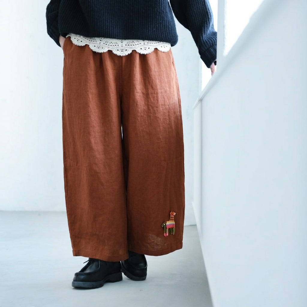 M-5XL  ポケット付き 動物柄 刺繍 無地 森ガール ガウチョパンツ M ナチュラル