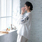 M-3XL 綿麻 ウンドネック 刺繍 ノーマルスリーブ 長袖 フェミニン シャツ M ネイビー