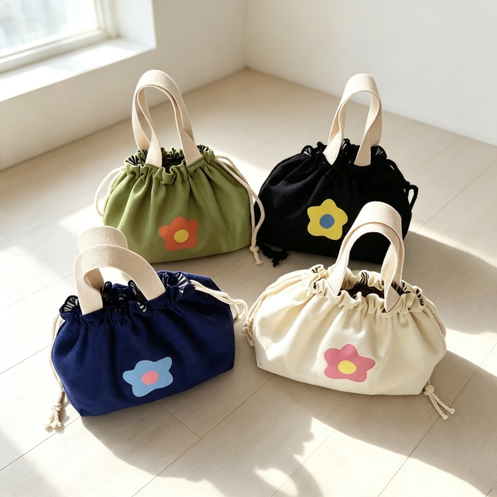 毎日参考になる！軽量 花柄 シンプル 巾着タイプ  キャンバスバッグ フリー ホワイト (花柄)