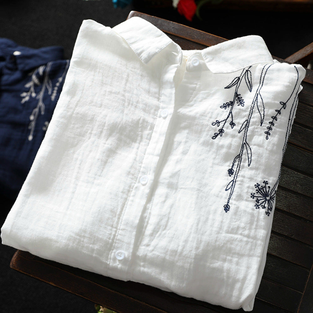 着回しM-3XL レトロ 刺繍 襟付き ロングスリーブ カジュアル きれいめ シャツ M ホワイト