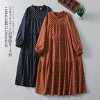 【ナチュラル】M-2XL ドット柄 柔らかい フェミニン 長袖 カジュアルワンピース M オレンジ