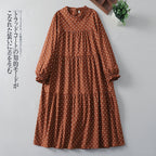 【ナチュラル】M-2XL ドット柄 柔らかい フェミニン 長袖 カジュアルワンピース M オレンジ
