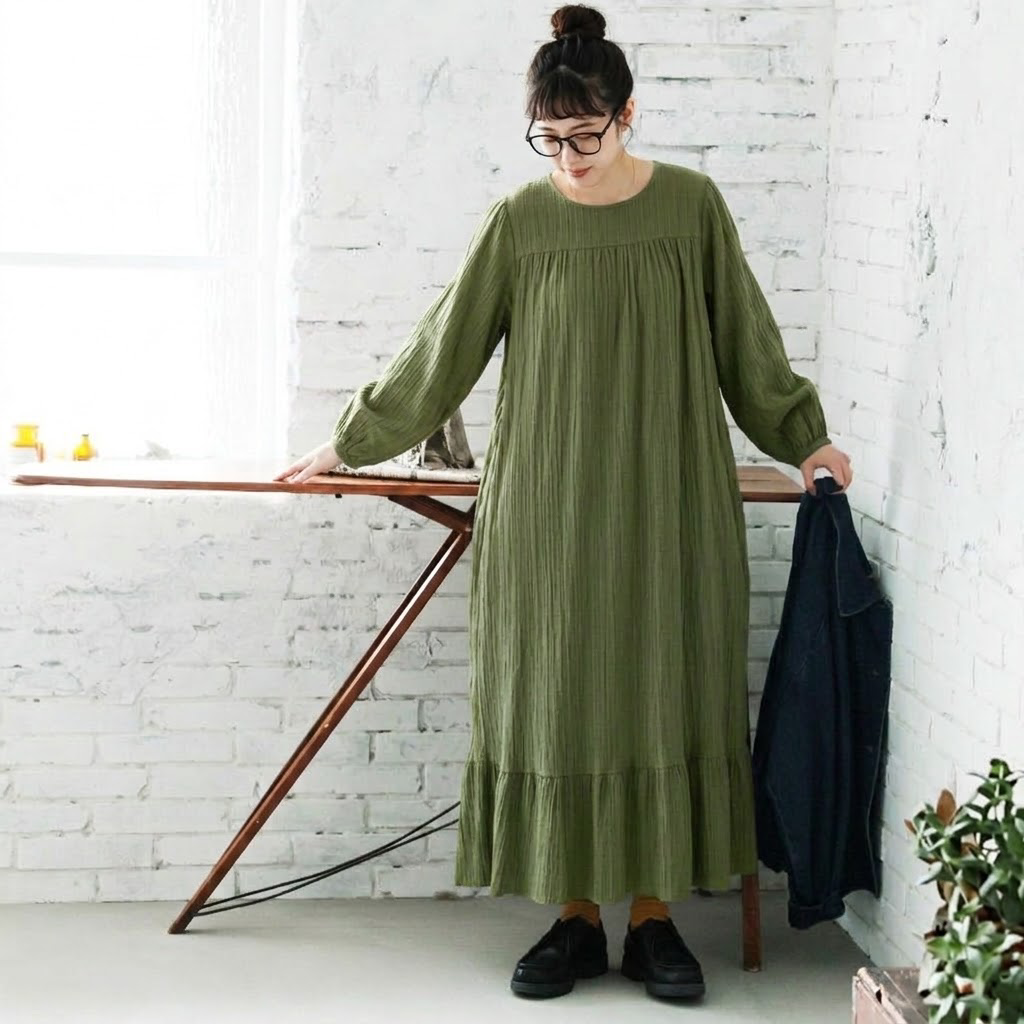 S-5XL 森ガール レトロ 無地 スリム効果 長袖 ランタンスリーブ ワンピース S ブルー