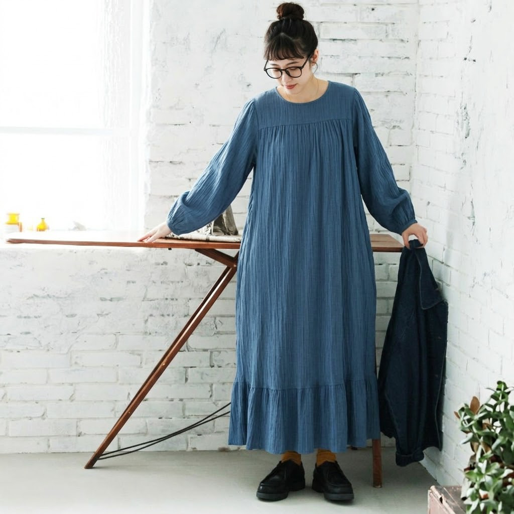 S-5XL 森ガール レトロ 無地 スリム効果 長袖 ランタンスリーブ ワンピース S ブルー