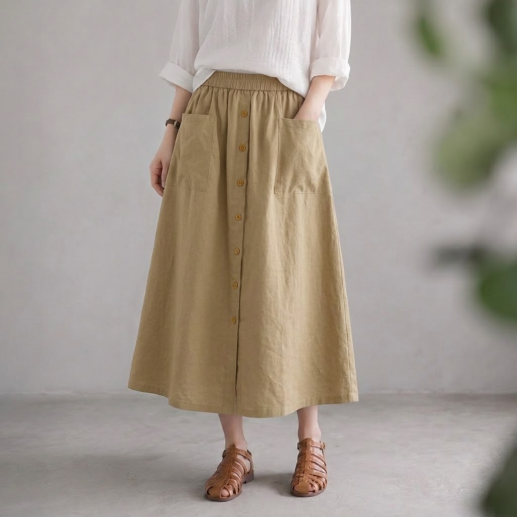 【ナチュラル】M-3XL 無地 ボタン 上品見え 耐久性 通気性良い スカート M ホワイト