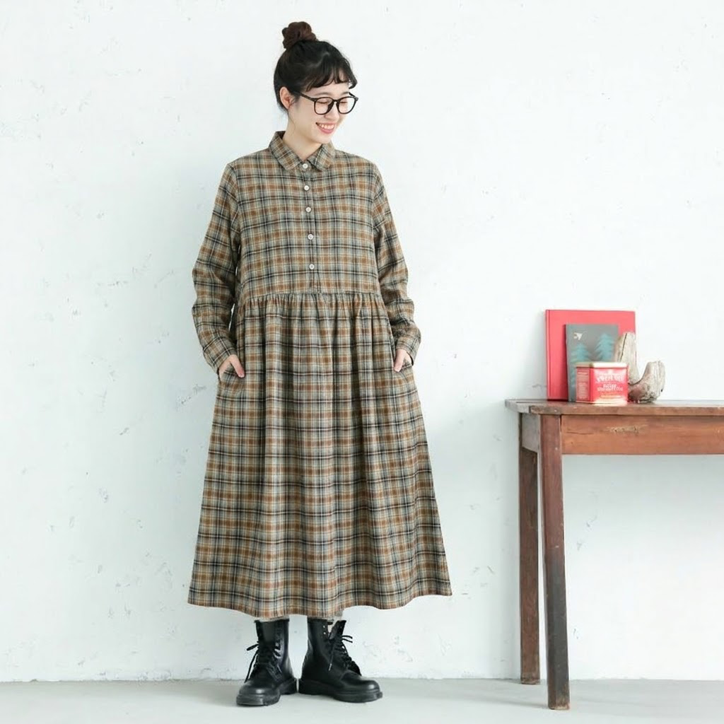 M-2XL チェック柄 ボタン 森ガール 折り襟 長袖 ワンピース 2XL 写真通り
