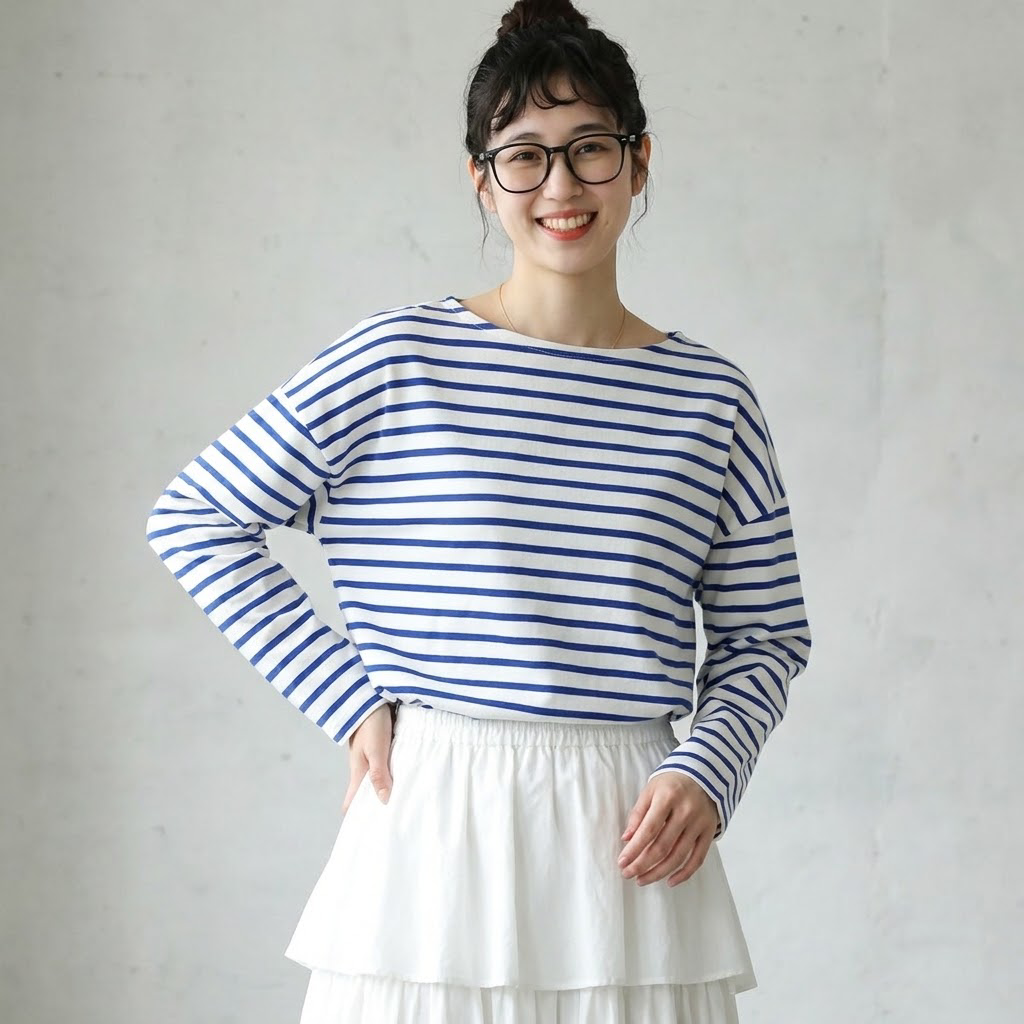 M-L ボーダー ファッション 長袖 ラウンドネック Tシャツ L ネイビー