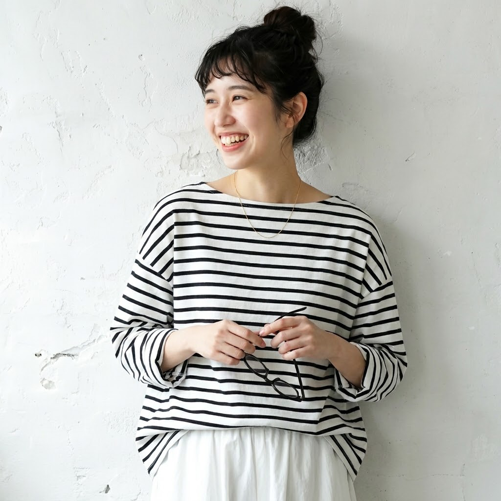 M-L ボーダー ファッション 長袖 ラウンドネック Tシャツ L 白地黒