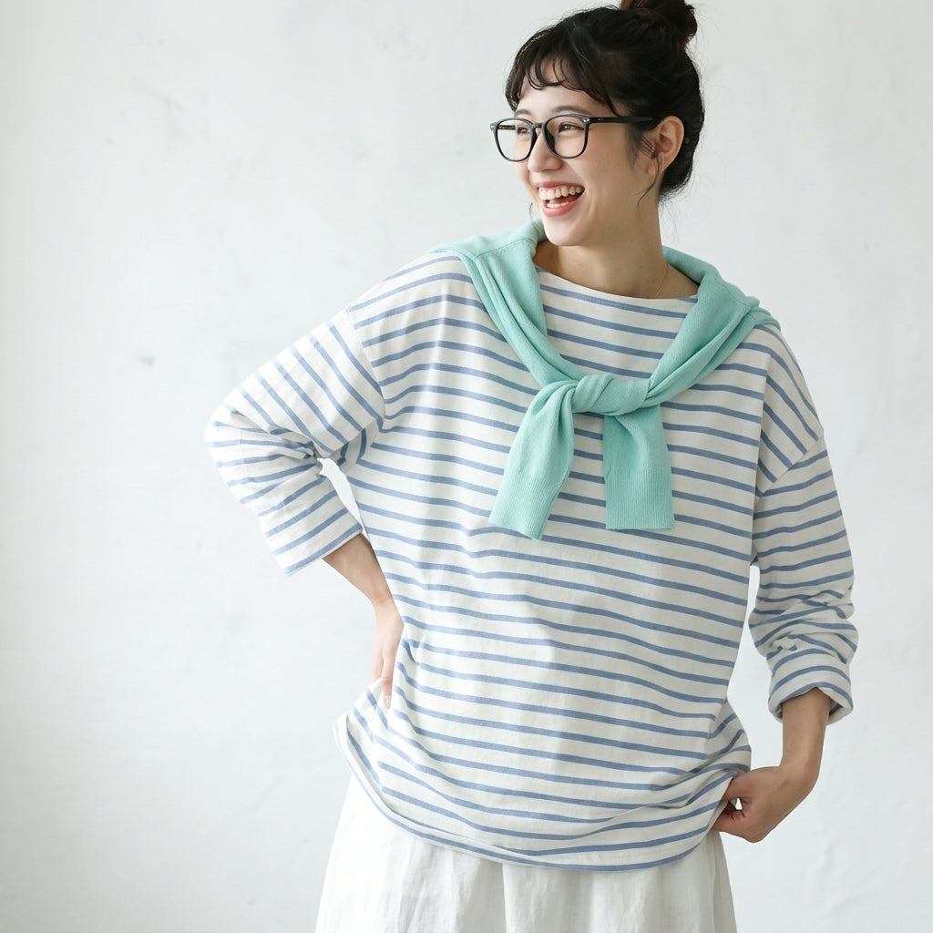 M-L ボーダー ファッション 長袖 ラウンドネック Tシャツ L ライトブルー