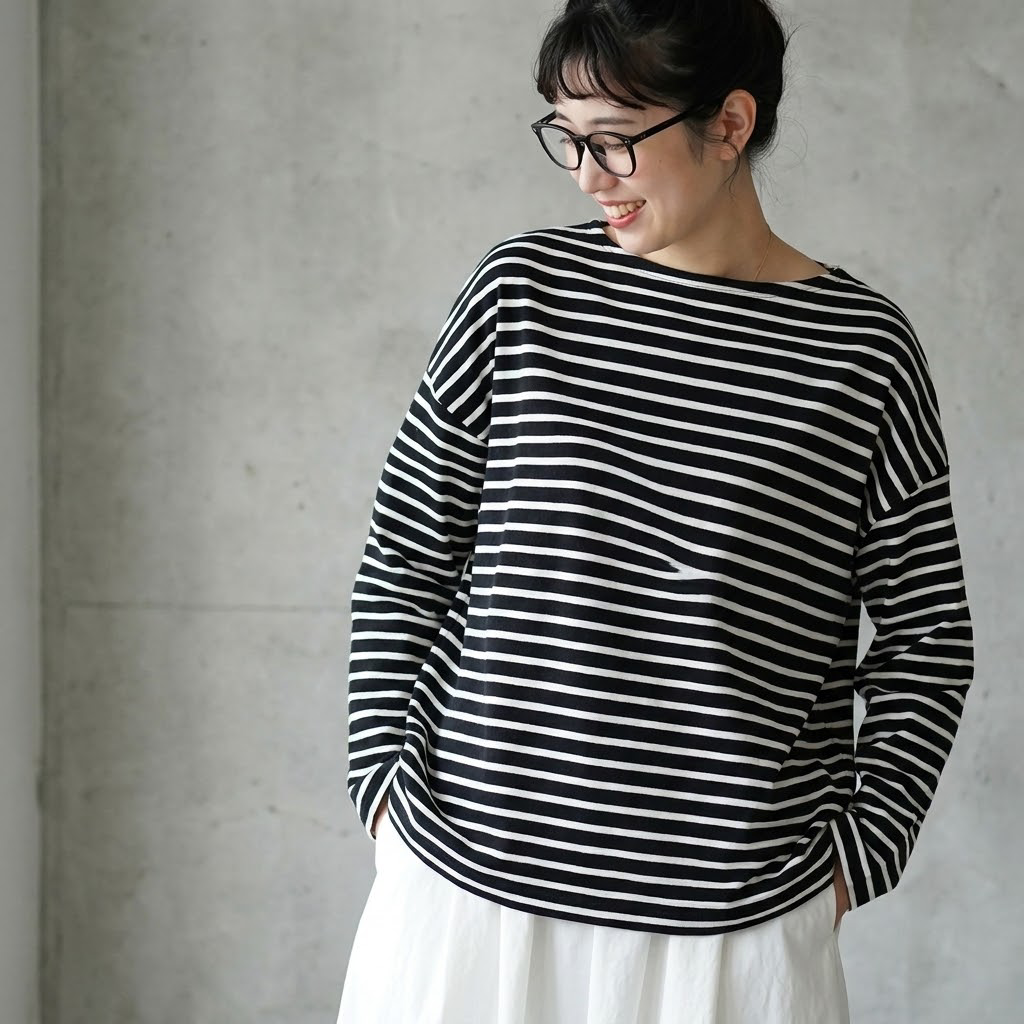 M-L ボーダー ファッション 長袖 ラウンドネック Tシャツ M ライトブルー