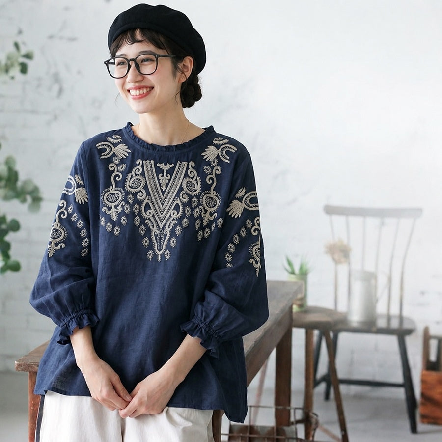 M-3XL 綿麻 ウンドネック 刺繍 ノーマルスリーブ 長袖 フェミニン シャツ M ネイビー