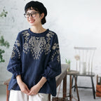 M-3XL 綿麻 ウンドネック 刺繍 ノーマルスリーブ 長袖 フェミニン シャツ M ネイビー