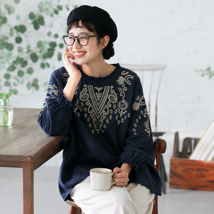 M-3XL 綿麻 ウンドネック 刺繍 ノーマルスリーブ 長袖 フェミニン シャツ M ネイビー