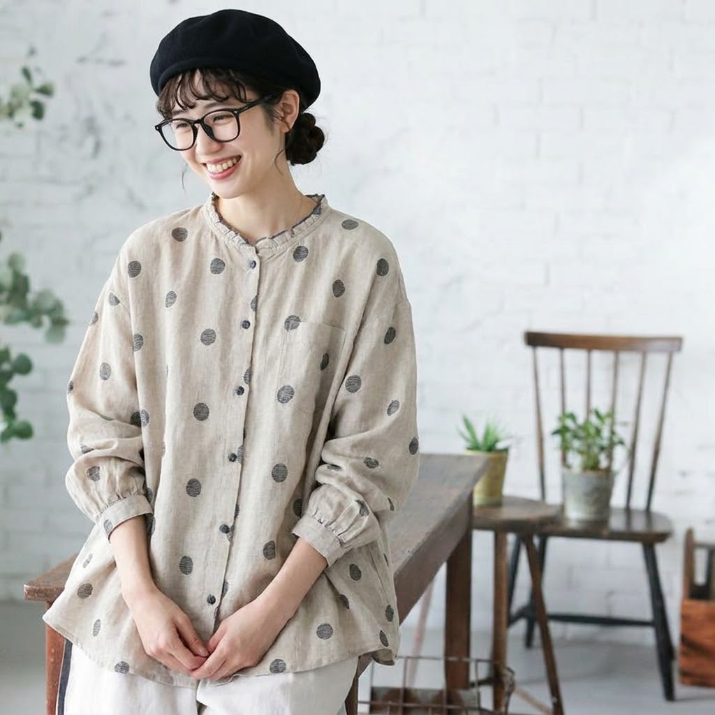 M-2XL 綿麻 肌触り柔らかい ドット柄 長袖 シャツ 2XL 写真通り
