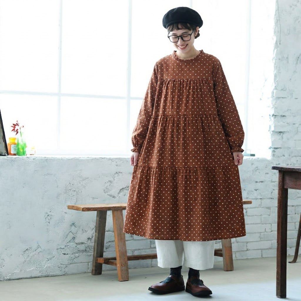 M-2XL コットン ドット柄 Aライン レトロ 長袖ワンピース M オレンジ