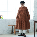 M-2XL コットン ドット柄 Aライン レトロ 長袖ワンピース M オレンジ
