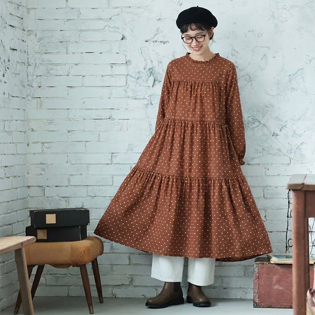 M-2XL コットン ドット柄 Aライン レトロ 長袖ワンピース M オレンジ