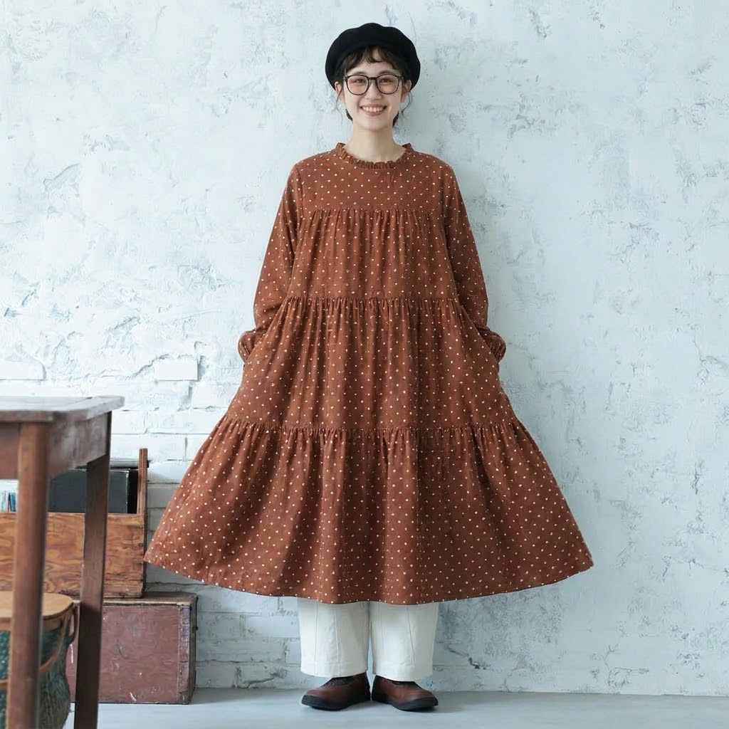M-2XL コットン ドット柄 Aライン レトロ 長袖ワンピース M オレンジ