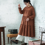 M-2XL コットン ドット柄 Aライン レトロ 長袖ワンピース M オレンジ