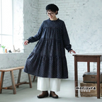 M-2XL コットン ドット柄 Aライン レトロ 長袖ワンピース M オレンジ