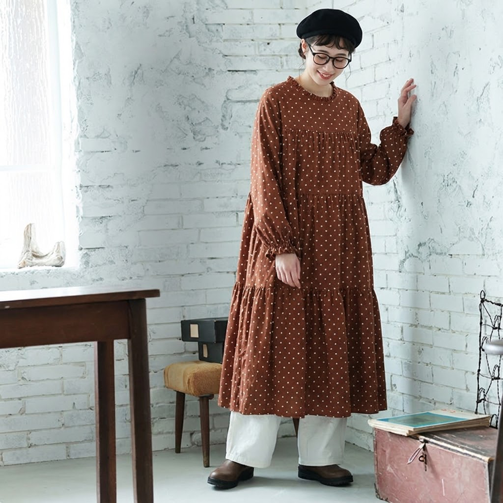 M-2XL コットン ドット柄 Aライン レトロ 長袖ワンピース M オレンジ