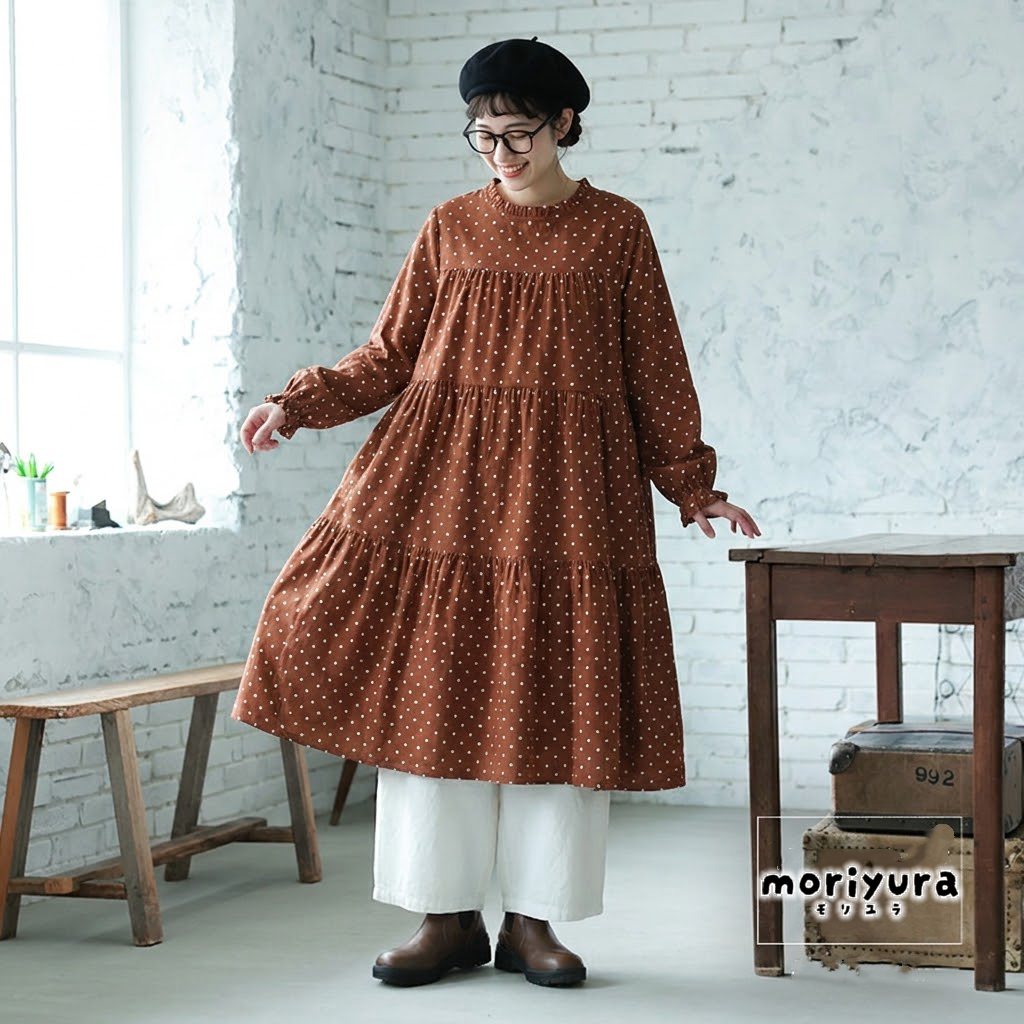 M-2XL コットン ドット柄 Aライン レトロ 長袖ワンピース 2XL オレンジ