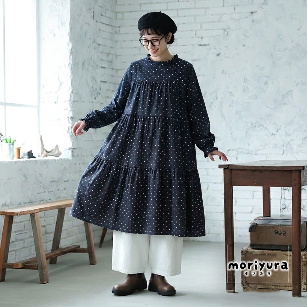 M-2XL コットン ドット柄 Aライン レトロ 長袖ワンピース 2XL ネイビー
