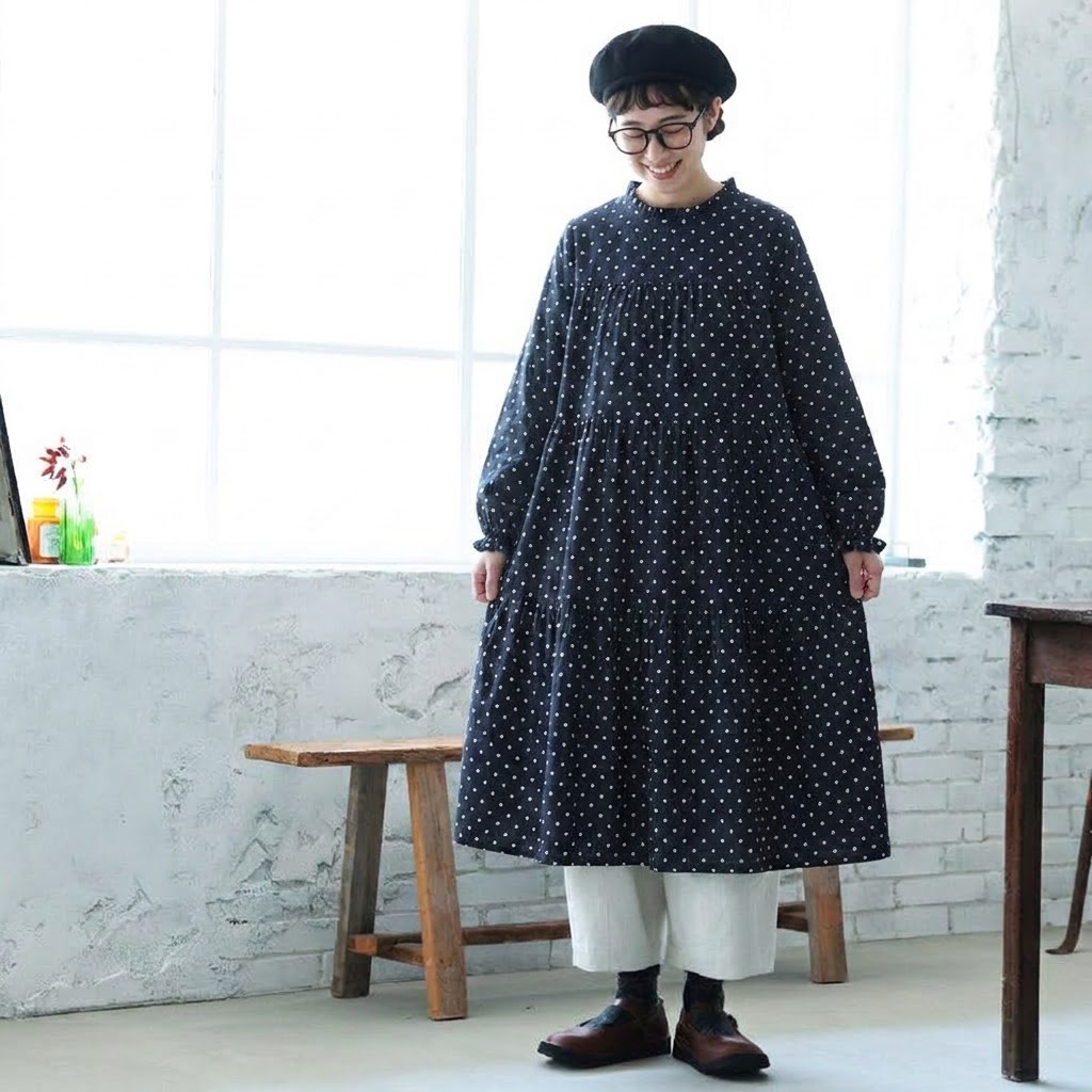 M-2XL コットン ドット柄 Aライン レトロ 長袖ワンピース M オレンジ