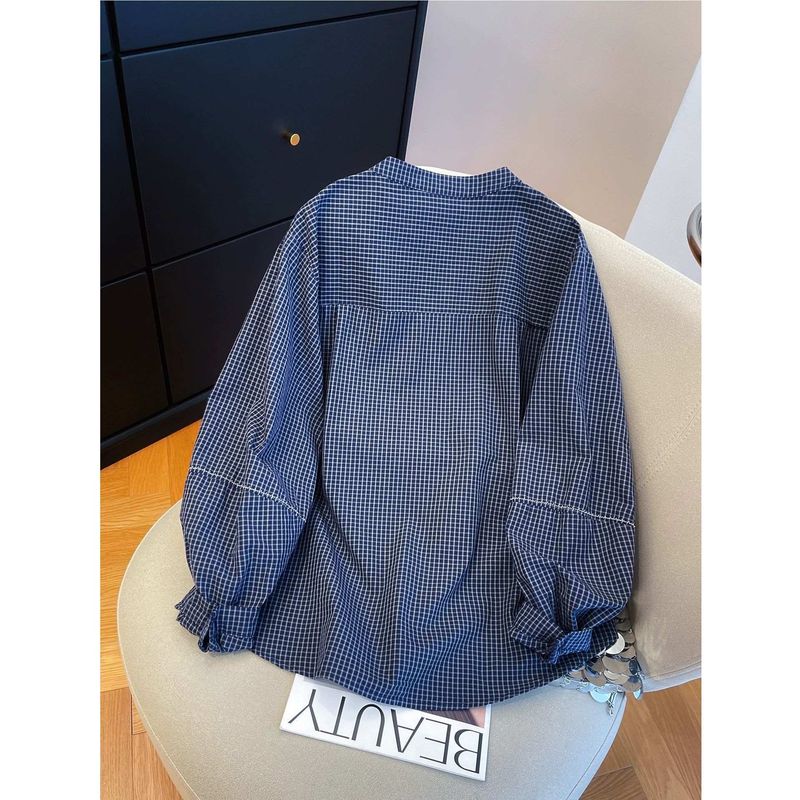 M-2XL 女性らしさ全開 チェック柄  長袖 切り替え シンプル シャツ M ブルー