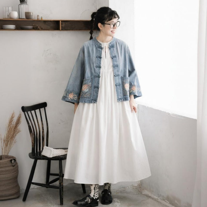 M-2XL 秋の街角 刺繍 デニムジャケット M ブルー