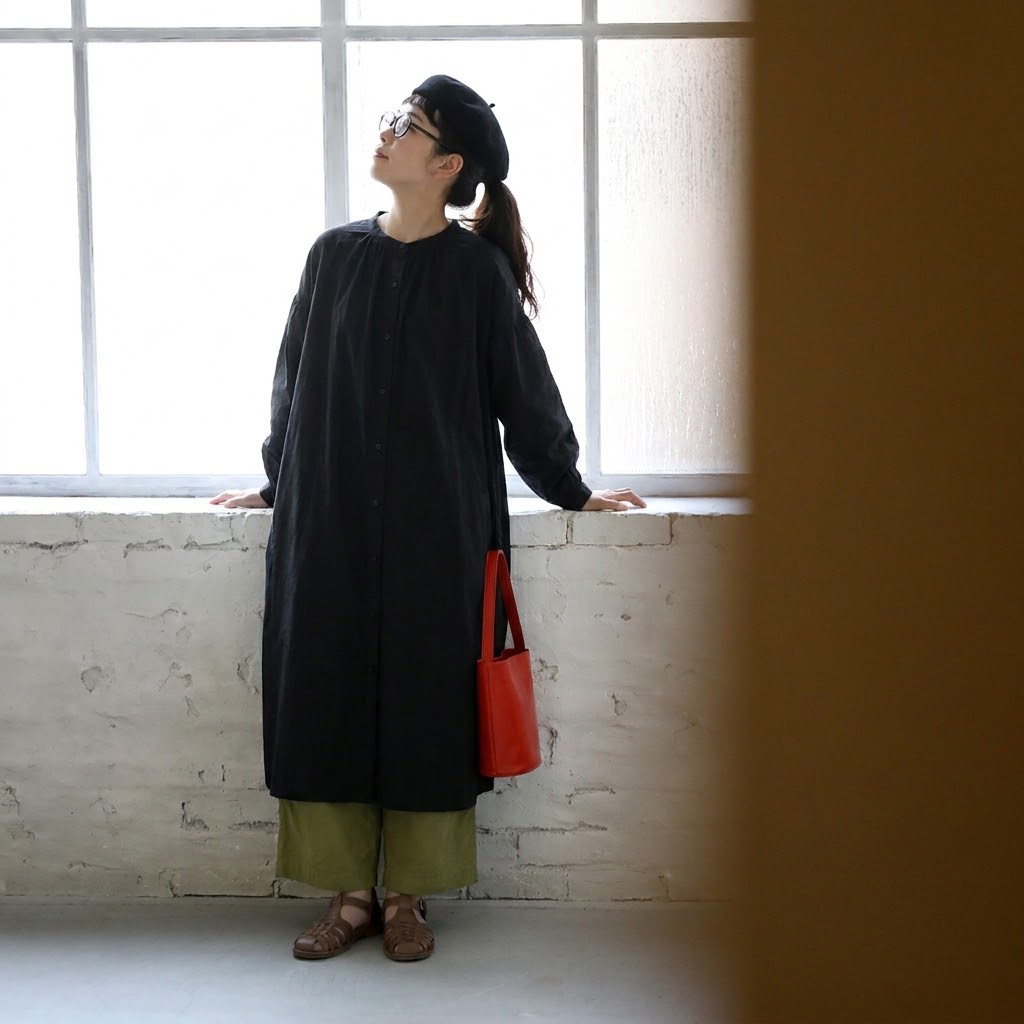 F 軽やか 無地 ボタン 長袖 肌触り柔らかい 森ガール シャツワンピース フリー ブラック