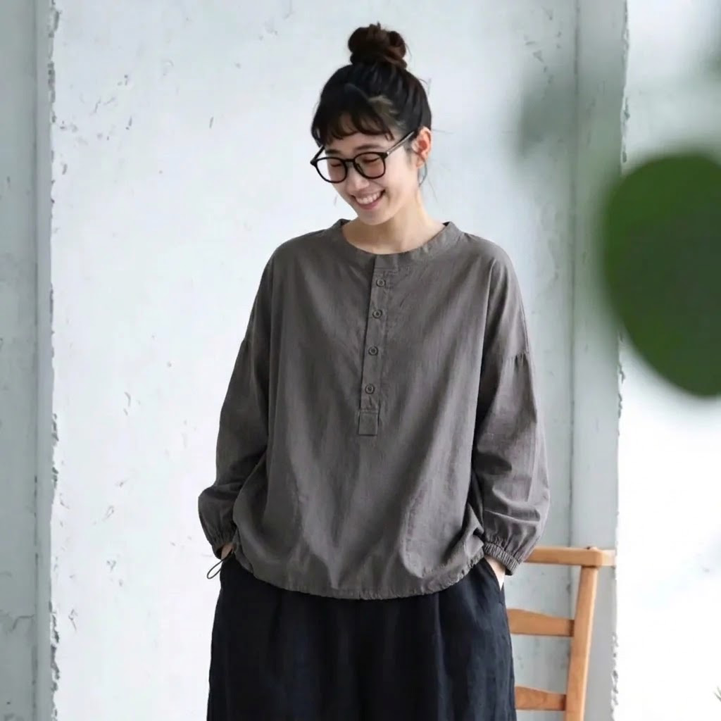 M-2XL 長袖 ゆったり ハーフボタンブラウス M ダークグレー