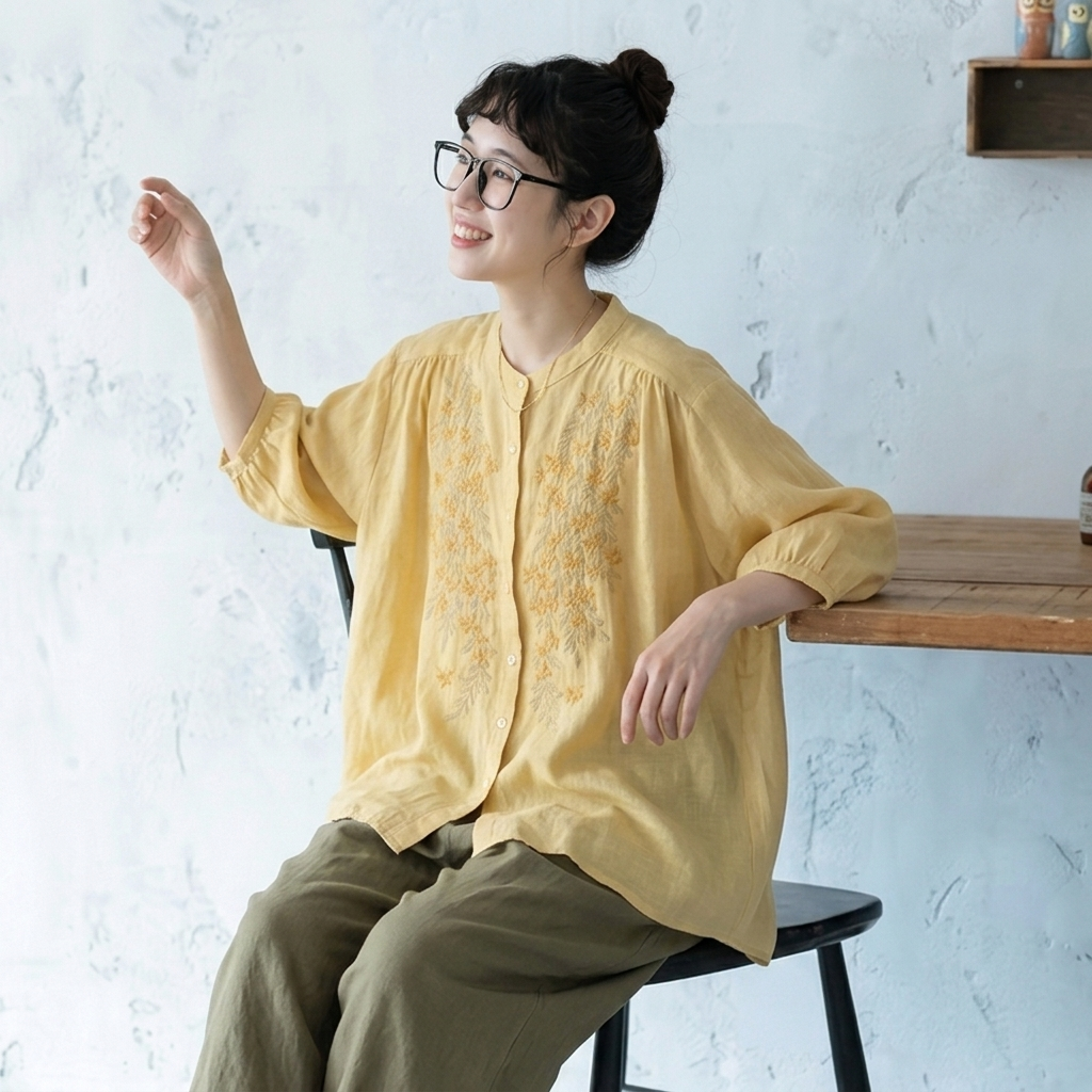 【ナチュラル】M-3XL 早い者勝ちです! ボタン 刺繍 アンクル丈（9分丈） 五分袖 ノーマルスリーブ カジュアル M イエロー トップス+オリーブグリーン【2点セット】