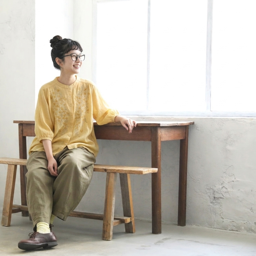 【ナチュラル】M-3XL 早い者勝ちです! ボタン 刺繍 アンクル丈（9分丈） 五分袖 ノーマルスリーブ カジュアル M イエロー トップス+オリーブグリーン【2点セット】