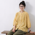 【ナチュラル】M-3XL 早い者勝ちです! ボタン 刺繍 アンクル丈（9分丈） 五分袖 ノーマルスリーブ カジュアル M イエロー トップス+オリーブグリーン【2点セット】