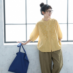 【ナチュラル】M-3XL 早い者勝ちです! ボタン 刺繍 アンクル丈（9分丈） 五分袖 ノーマルスリーブ カジュアル M イエロー トップス+オリーブグリーン【2点セット】