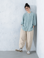 【ナチュラル】M-3XL 早い者勝ちです! ボタン 刺繍 アンクル丈（9分丈） 五分袖 ノーマルスリーブ カジュアル M イエロー トップス+オリーブグリーン【2点セット】