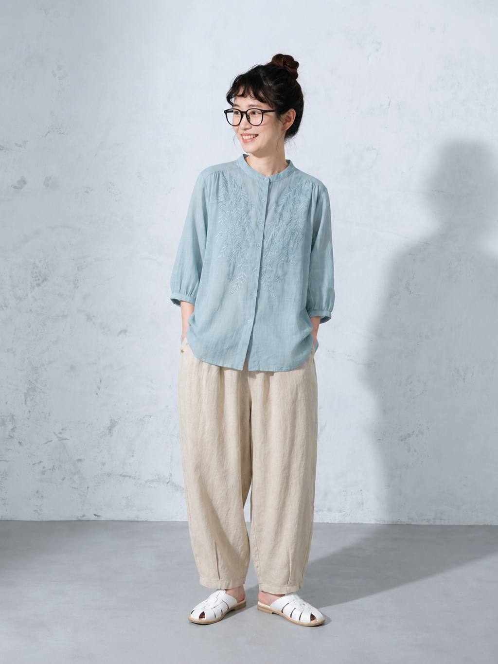 【ナチュラル】M-3XL 早い者勝ちです! ボタン 刺繍 アンクル丈（9分丈） 五分袖 ノーマルスリーブ カジュアル M イエロー トップス+オリーブグリーン【2点セット】