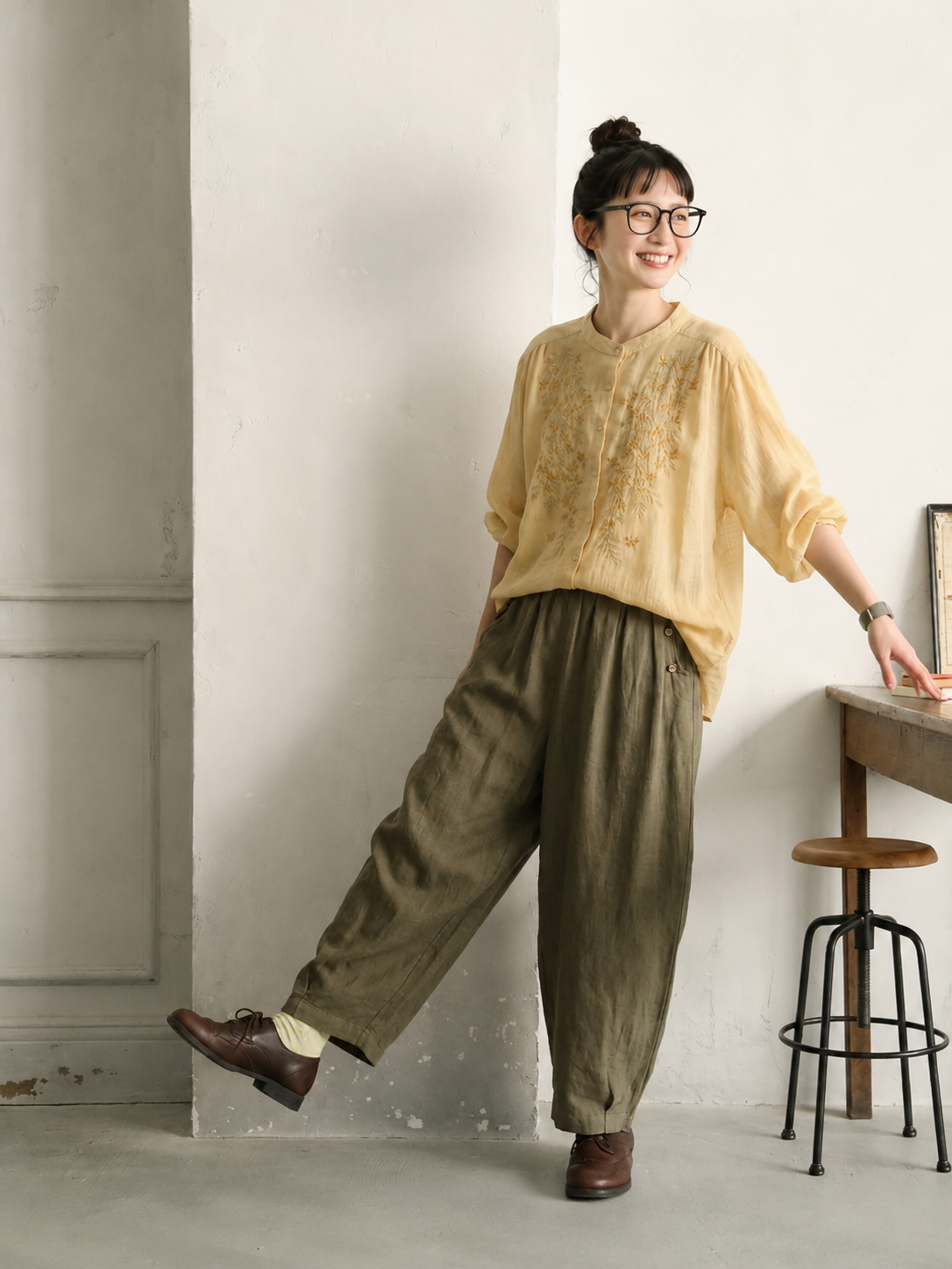 【ナチュラル】M-3XL 早い者勝ちです! ボタン 刺繍 アンクル丈（9分丈） 五分袖 ノーマルスリーブ カジュアル 3XL イエロー トップス+オリーブグリーン【2点セット】