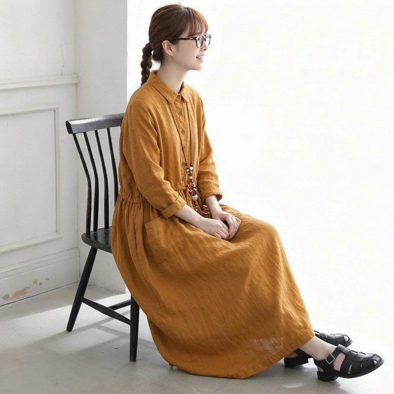 M-2XL 襟付き ゆったり ミディアム丈 長く着られる シャツワンピース M オレンジ