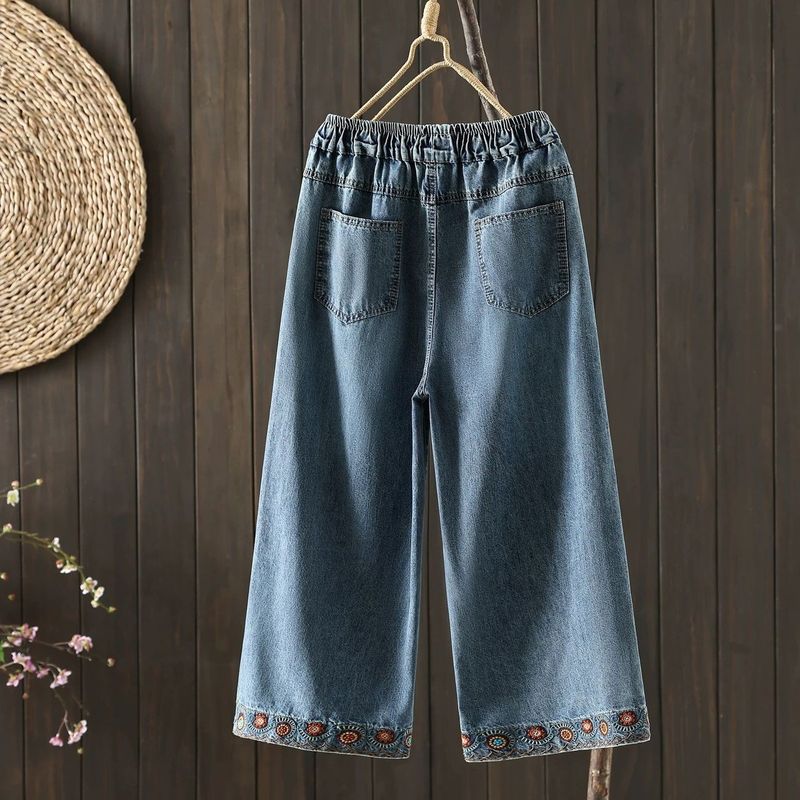 M-2XL 新作登場 刺繍 8分丈 レトロ ジーンズ M 写真と同じ