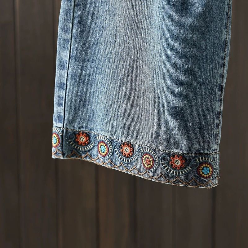 M-2XL 新作登場 刺繍 8分丈 レトロ ジーンズ M 写真と同じ