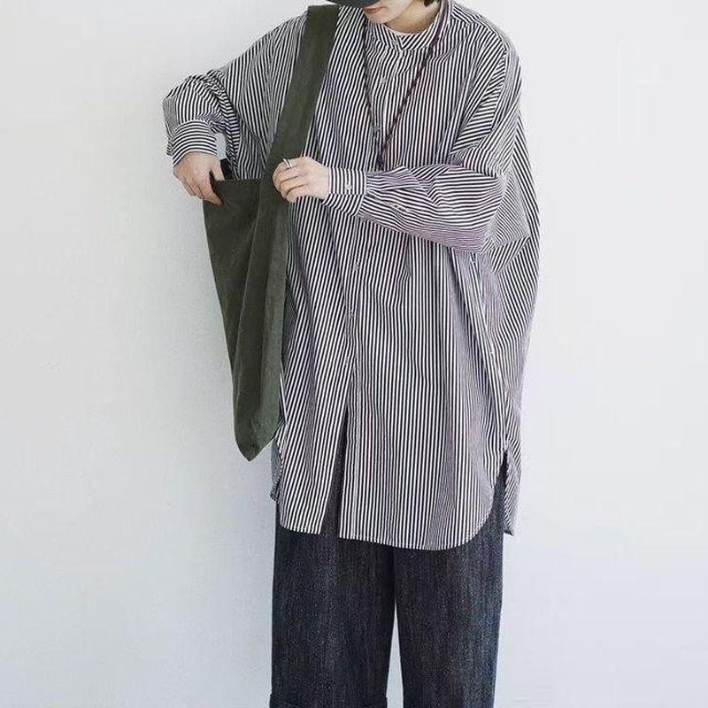【軽やか】M-2XL  ボタン ストライプ柄 長袖 落ち肩スリーブ 森ガール シャツ M 写真通り