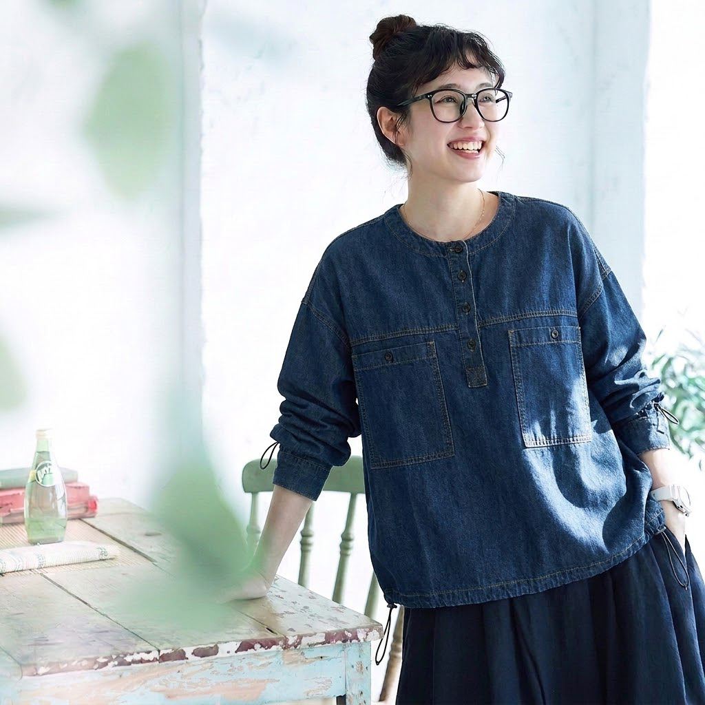 【ゆったり】S-XL 大人可愛い 長袖 無地 シンプル ボタン レトロ シャツ S ブルー