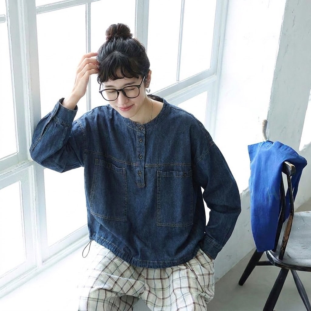 【ゆったり】S-XL 大人可愛い 長袖 無地 シンプル ボタン レトロ シャツ S ブルー