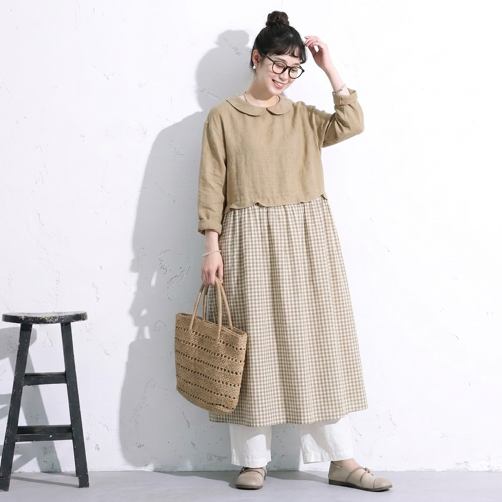 【ナチュラル】L-2XL 流行の予感 チェック柄 ノーマルスリーブ 長袖 配色 無地 カジュアル ワンピース L 写真通り