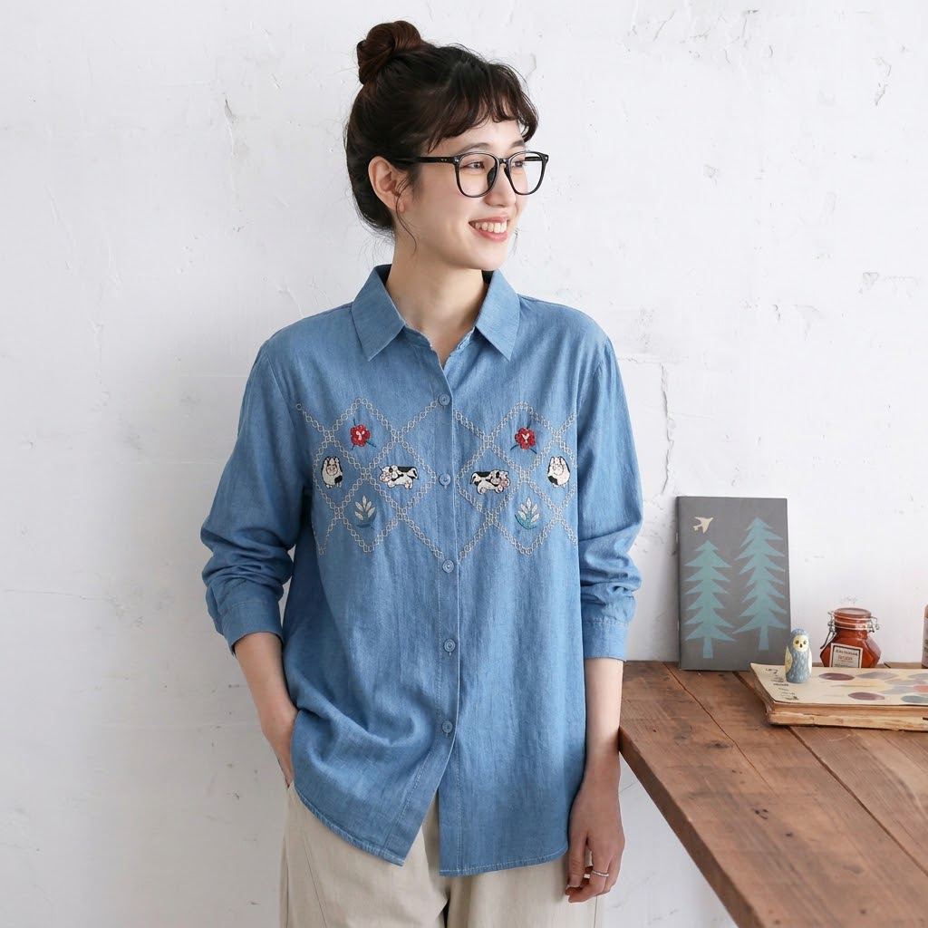 L-3XL レトロ 刺繍 シングルブレスト 折り襟 長袖 デニム シャツ 3XL デニムブルー