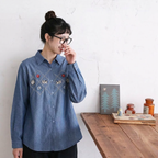 L-3XL レトロ 刺繍 シングルブレスト 折り襟 長袖 デニム シャツ L デニムブルー