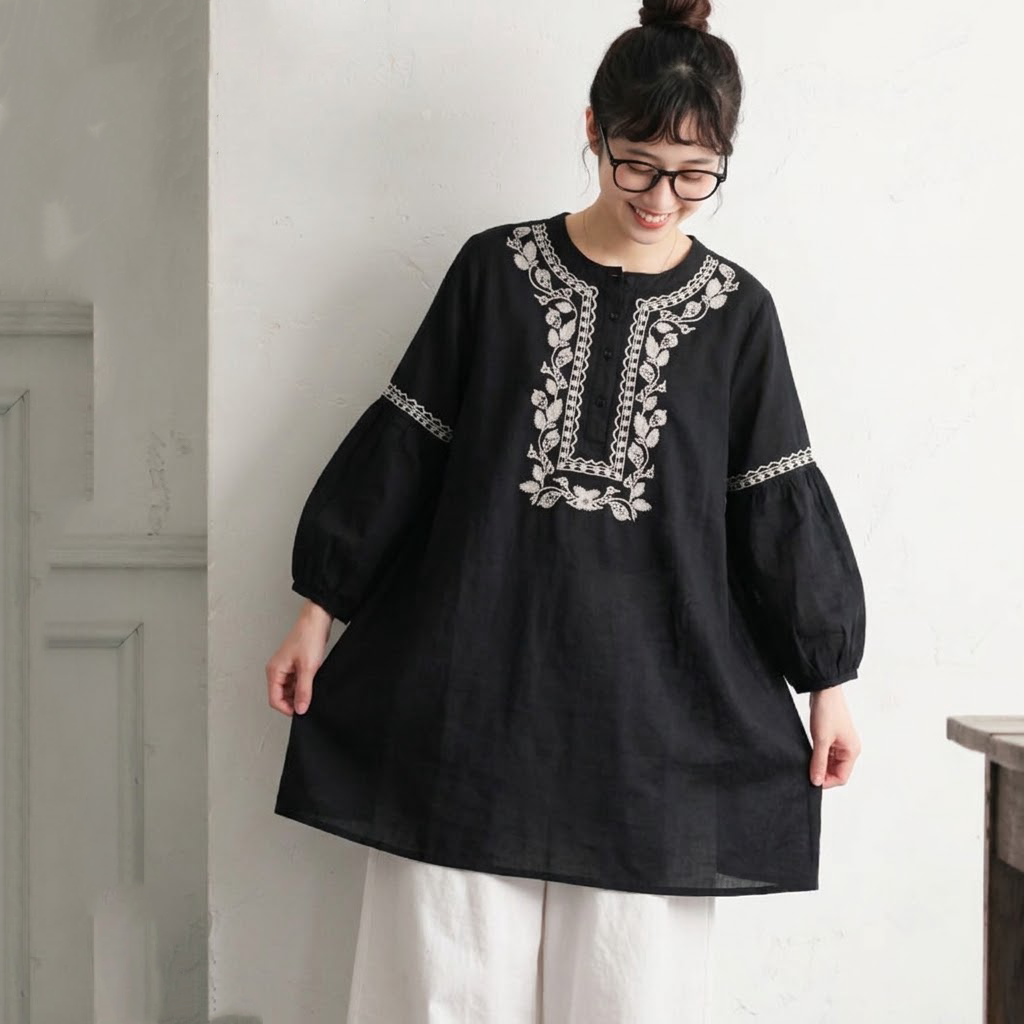 M-3XL 棉混 刺繍 ランタンスリーブ 無地 花模様 レトロ チュニック M ブラック